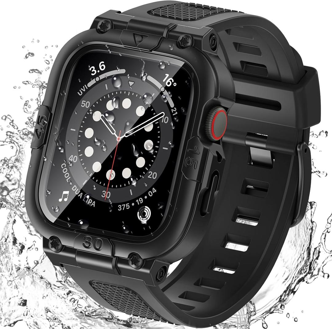 Goton 3 in 1 Waterproof Case with Band for Apple Watch with Built-in Tempered Glass Screen Protector 44mm, 360 Shockproof Bumper Face Cover with Band for Apple Watch SE 3/SE 2/SE, Series 6/5/4, 44mm (Black)