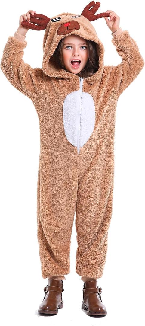 Cuteshower Kids Reindeer Christmas Outfits Onesie Pajama Role Play Animal Costume Halloween Cosplay Party (10-12 Years, Brown)