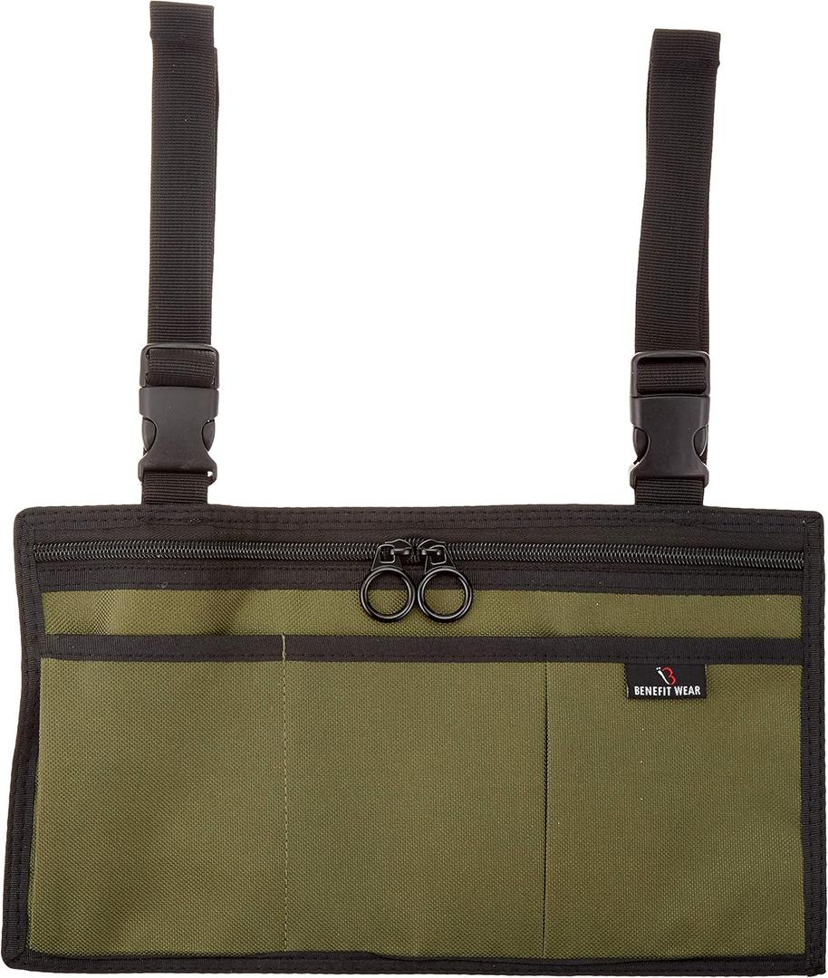BENEFIT WEAR 5 Pocket Side-Pack Wheelchair, Walker or Scooter Bag with Key Rings | Wheelchair Armrest Accessories for Walker, Electric Scooter & Wheelchairs (Olive)