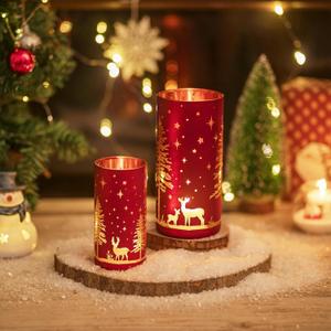 Hewory Christmas Hurricane Candle Holders: Red Gold Reindeer Christmas Decor Set of 2, Glass Candle Holder for Table Centerpiece Mantel Window Kitchen Living Room