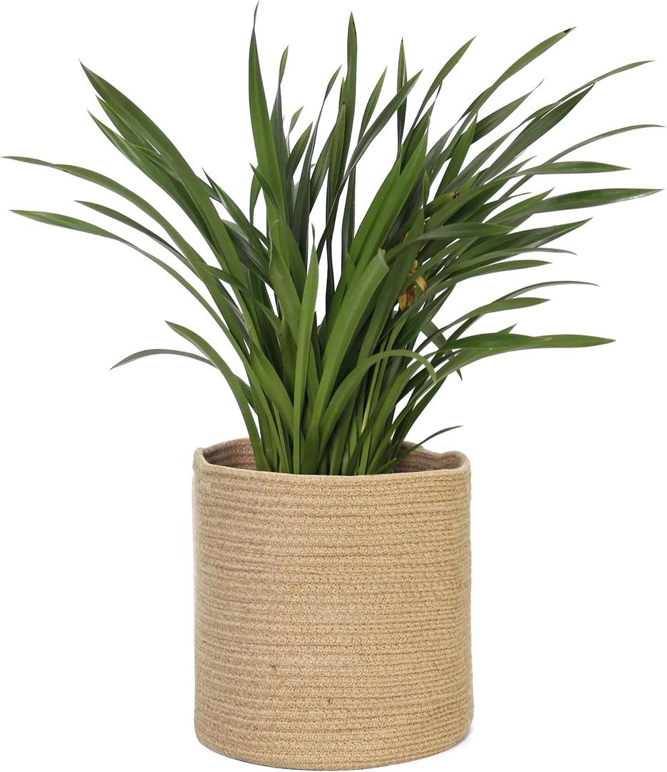 MEGASKET Woven Jute Plant Basket, Wicker Basket Planter for 10 inch Pot, Round Indoor Tree Pot Cover, Small Boho Storage Bin Organizer, Rustic Baskets for Plants and Home Decor, 11X11