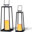 Solar Lantern Decorative Outdoor Set of 2 (18 & 15) Modern Black Metal Lanterns with Solar Candles, Decorative Candle Lanterns for Outdoor Porch, Patio, Garden, Yard Decor
