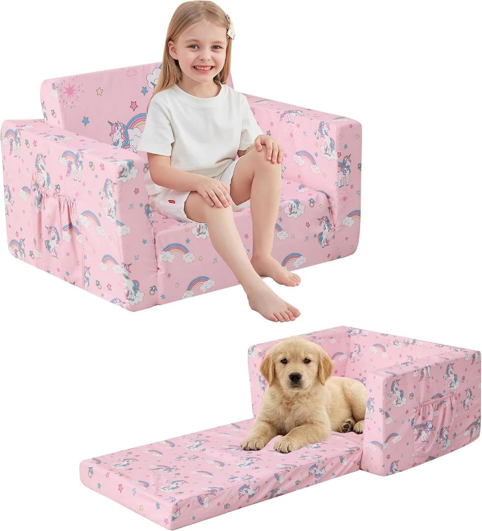 lasoftan Toddler Couch, 2-in-1 Soft Kids Couch Bed Fold Out, Toddler Chairs Comfy for Boys & Girls, Convertible Kids Sofa to Lounge for Playroom, Gift for Birthday, Children's Day - Pink Unicorn