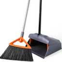 CLEANHOME Heavy Duty Broom with Dustpan Combo Set Indoor and Outdoor Dual Purpose,Stiff Bristle Commercial Angle Broom and Standing Dust Pans with Long Handle for Sweeping Home,Kitchen,Yard,Grey