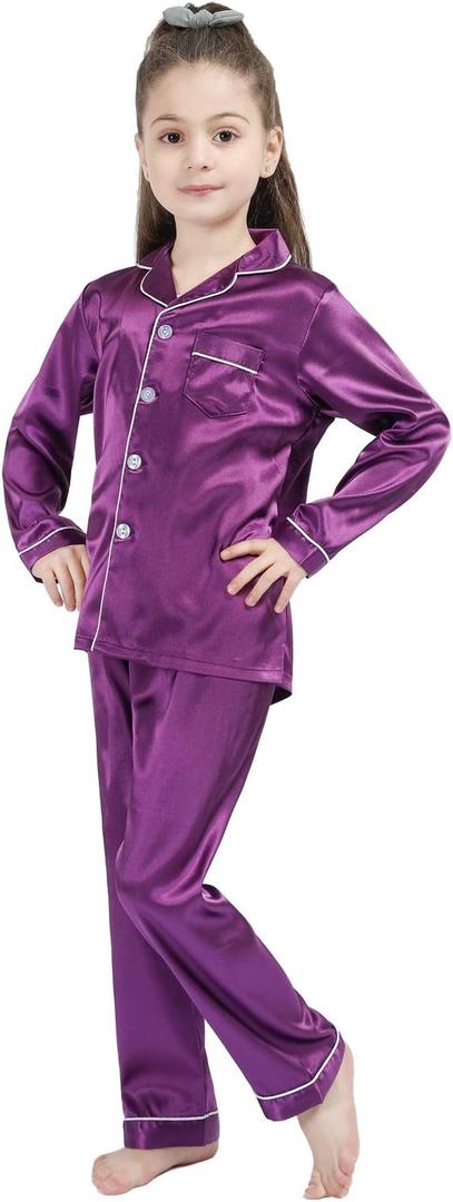 DF-deals Girls Boys Kids Silk Satin Pajamas Set Button-Down Clothes Long Sleeve Loungewear Sleepwear PJS (12-13 Years, Purple)