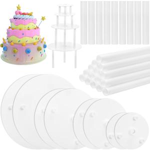 ZEAYEA 24 Pieces Cake Dowel Rods with 8 Pieces Cake Separator Plates for 4, 6, 8, 10 Inch 4 Tiered Cakes, Plastic Cake Sticks Support Rods and Cake Boards for Cake Construction and Stacking
