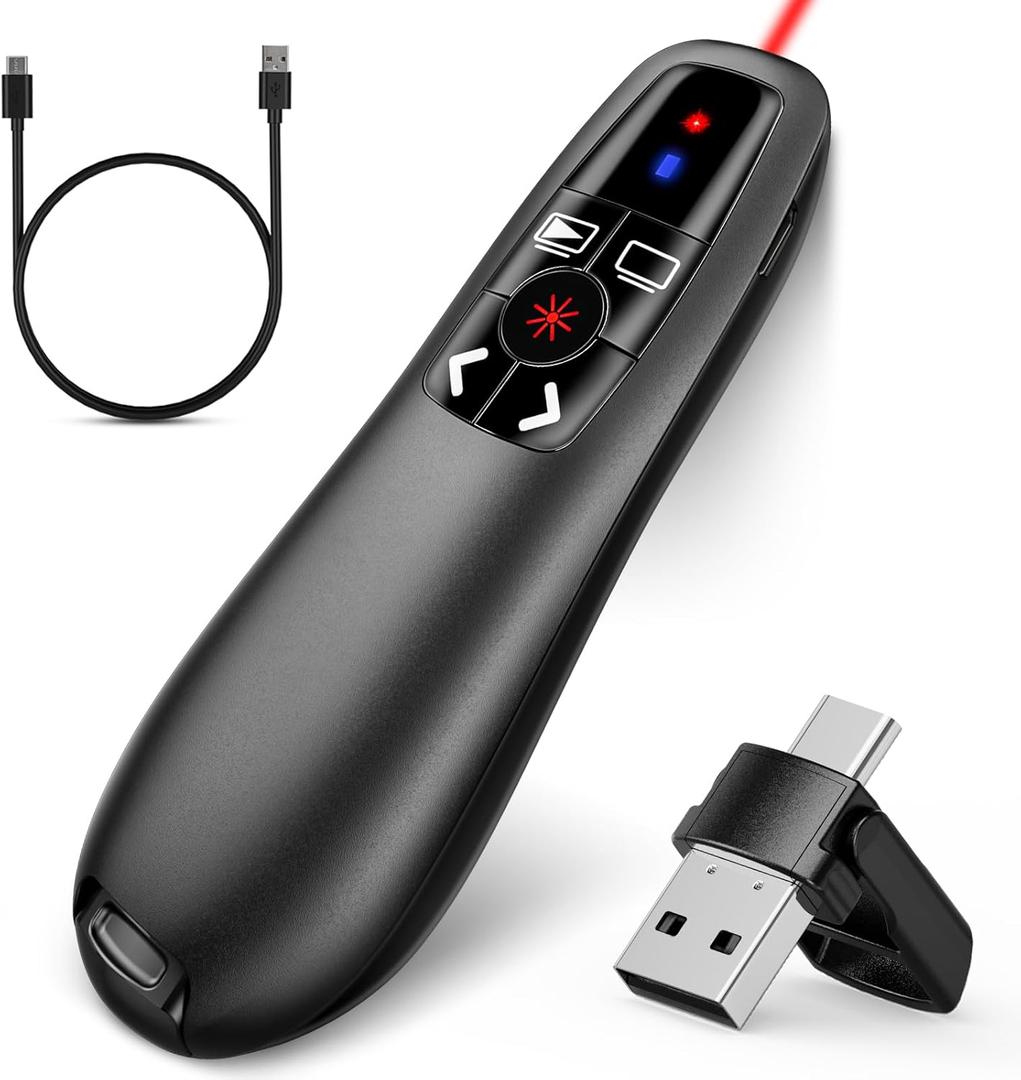 2-in-1 USB Type C Presentation Clicker, Clicker for PowerPoint Presentations, Rechargeable Wireless Presenter Remote, Pointer RF 2.4GHz USB PowerPoint Clicker Slide Advancer with Volume Control (A-Red Light)