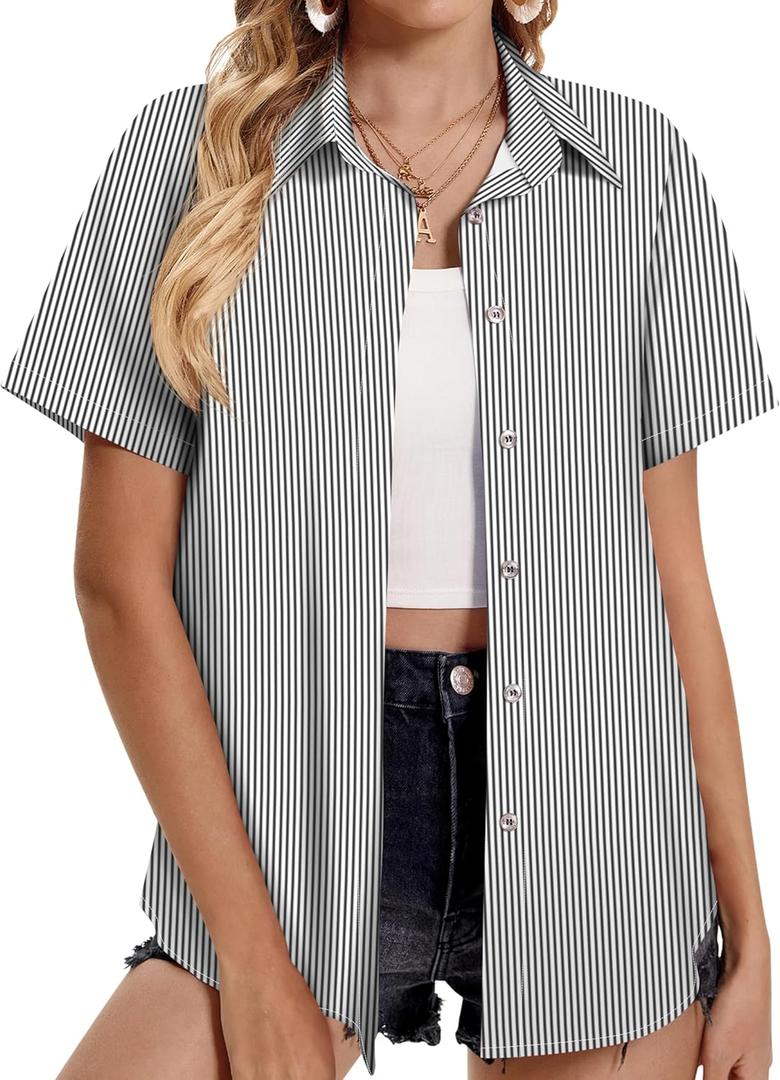 Hawaiian Shirts for Women Tropical Shirt Summer Beach Button Down Short Sleeve Blouses Floral Top Aloha Luau Outfits 2025 (Large, Black Striped)