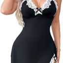 Lace Babydoll Nightgown for Women — Sheer V-Neck Chemise Dress with Adjustable Straps, Stretch Floral Lace (Black, XXXL)