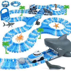 Ocean Race Track Toy Set for Kids - Birthday Gifts for Boys Age 3 4 5 6 7 Years Old, 240+ PCS Flexible Track Set with Vehicles and Shark Head Tunnel, Creative Building Playset