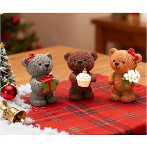 MeritMode Cute Teddy Bear Figurines Set of 3 Resin Bear Statues with Cupcake, Gift Box and Flowers, Mini Animal Figurines for Shelf, Desk, Kids Room Decor, Birthday, 2.3H