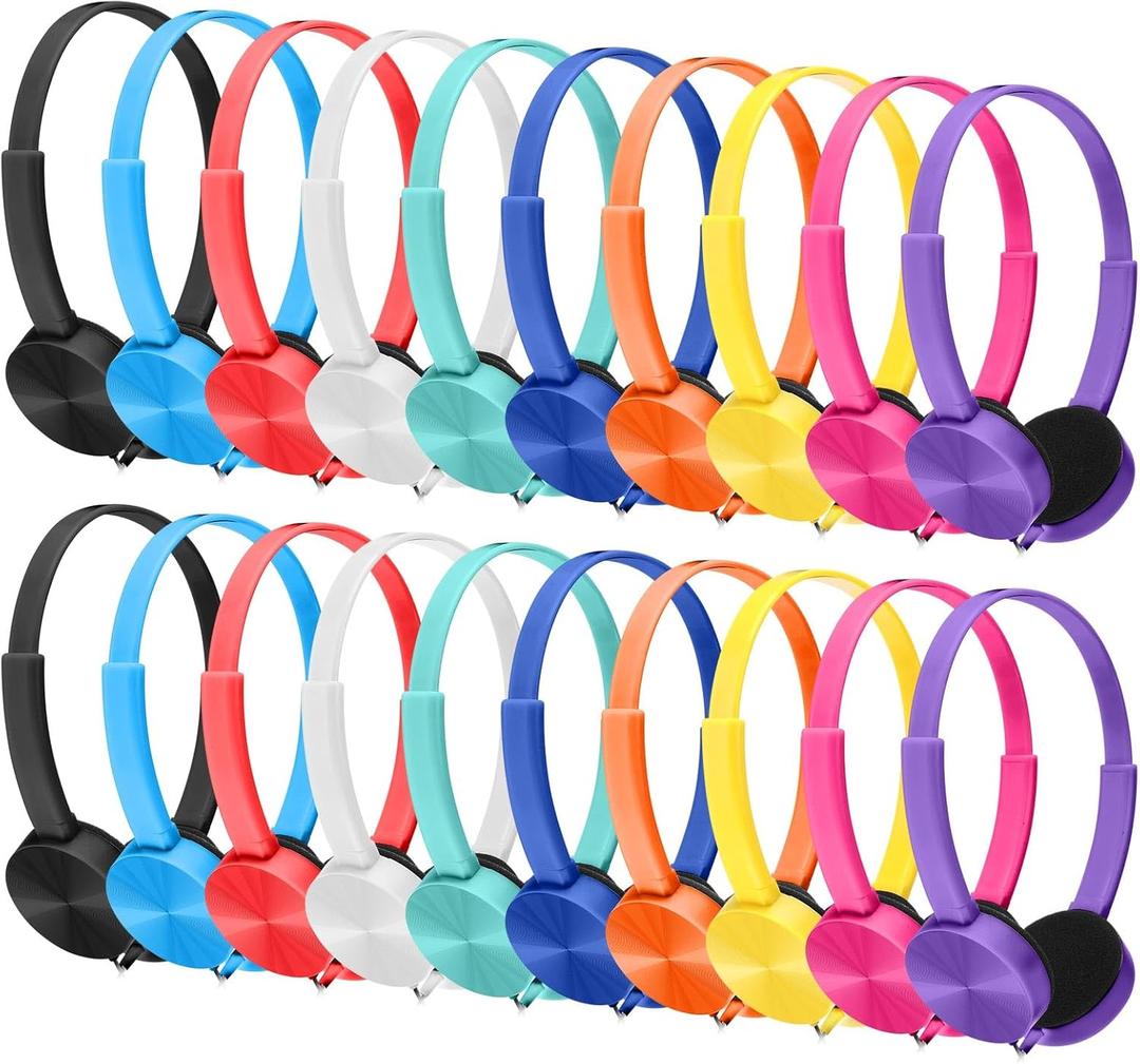 Hoteam 20 Pack Bulk Classroom Headphones, Multi Color Over The Head Headphones for School Students Boys Girls, 3.5 mm Jack