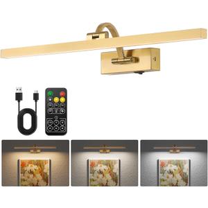 Wireless Picture Lights for Wall,23.5 Inch Brass Art Light for Paintings,Battery Operated Picture Lights with Remote Control,Dimmable Rechargeable Art Lamps for Picture Frame,Gallery