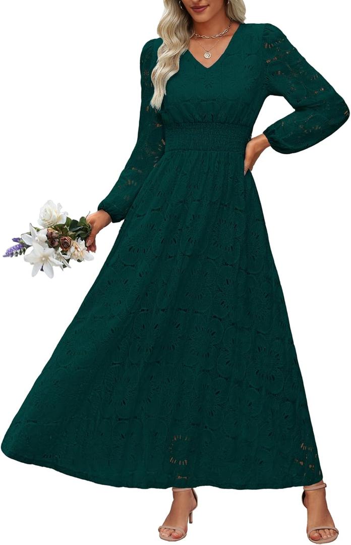 Women's Long Puff Sleeve Floral Maxi Dress V Neck Lace Eyelet Hollow Out A Line Flowy Boho Spring Wedding Guest Party Dresses (Green, L)