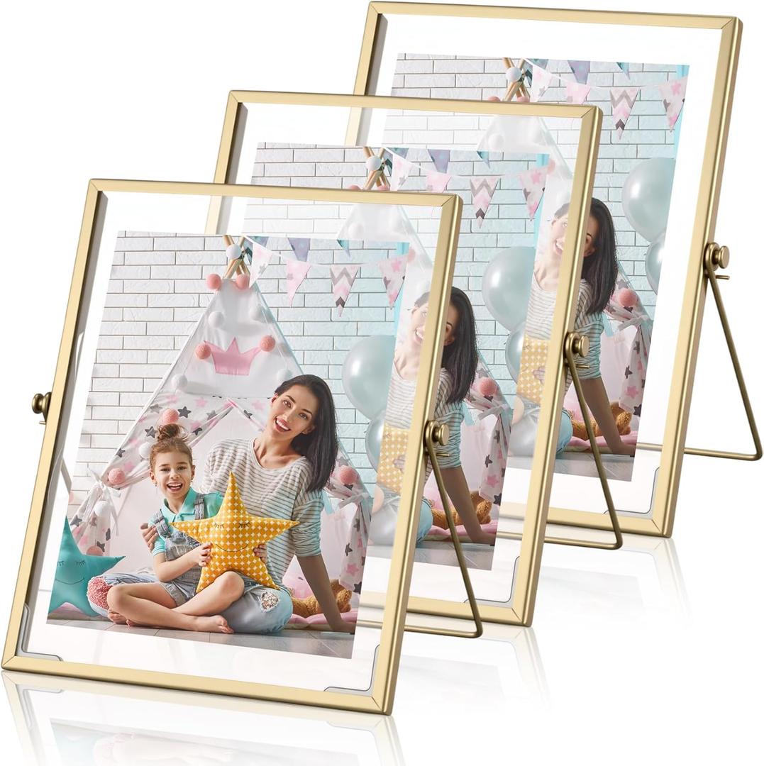 Amyhill 3 Set Gold Floating Picture Frame 6x8 Inch for Picture Sizes 2x3, 3.5x5, 4x6, 5x7, Vertical Tabletop Display Metal Floating Frame Classy Gift for Wedding Birthday Christmas Home Office Decor