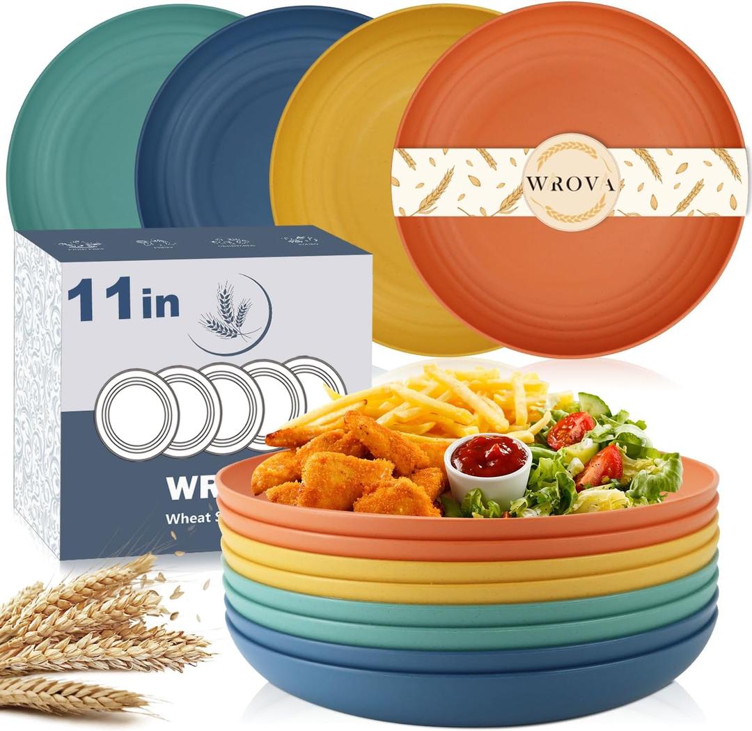 Large Wheat Straw Dinner Plates - 11 Inch Unbreakable Big Set of 8 - Dishwasher & Microwave Safe Plastic Plates - Deep Edge for Kitchen & Camping (Colorful) (11 Inch large, Colorful Series: Orange,Yellow,Blue,Green)