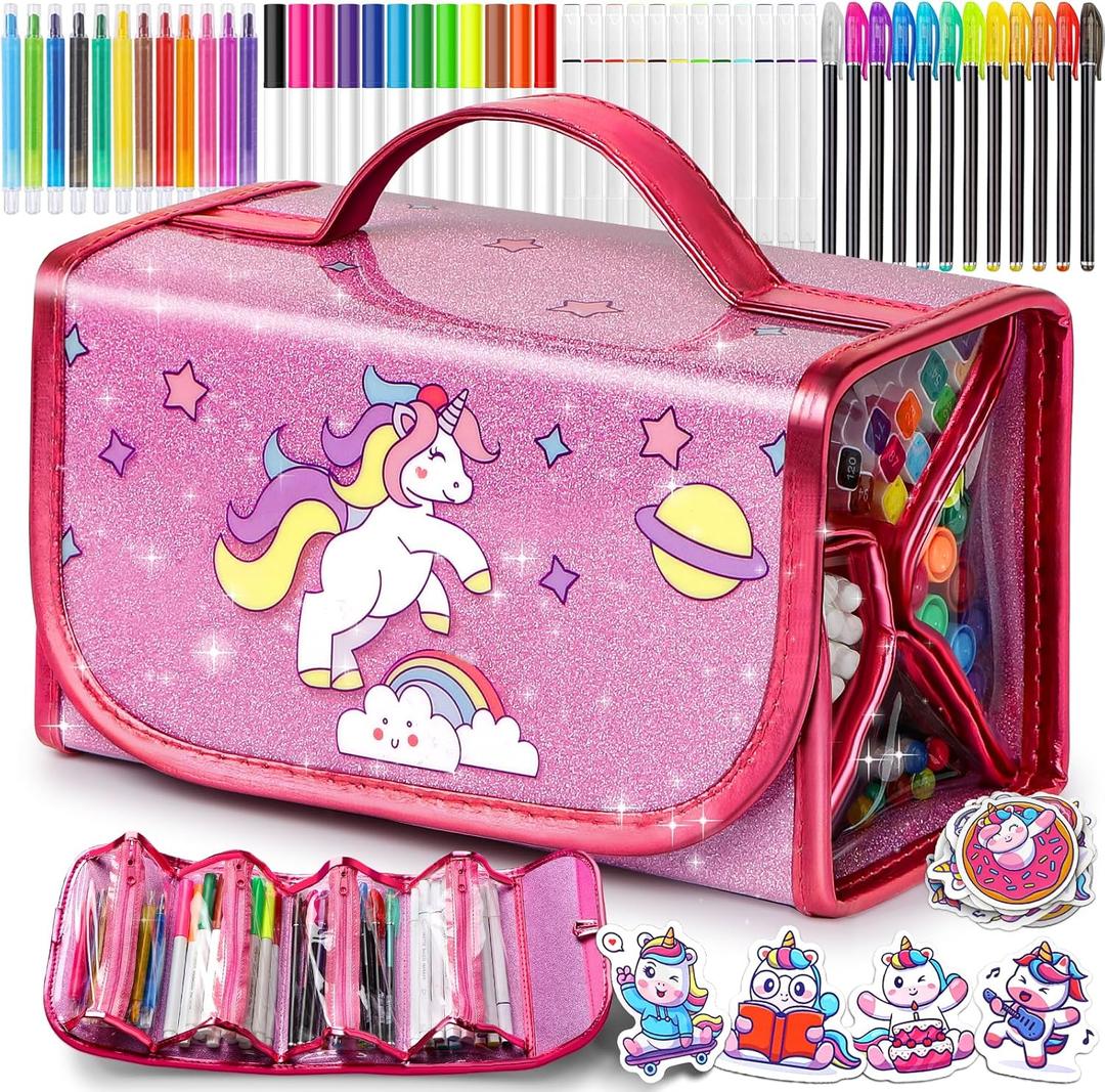 Beefunni Unicorn Washable Markers Set 48 pcs with Glitte Pencil Case, Art Supplies for Kids Ages 4-6-8, Arts Crafts Coloring Set with Stickers - Birthday Gifts for Girls 4 5 6 7 8 9 Year Old (Pink)