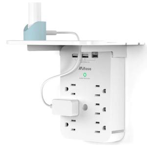 Wall Outlet Extender with Surge Protector, 6 AC Outlets, Shelf, 2 USB & USB C Charging Ports - Home & Dorm Plug Expander