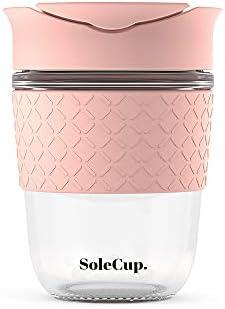 SoleCup. - Reusable Strengthened Glass Travel Cup - Spill Proof Coffee Mug - 12oz/340ml BPA-Free Hot Drink Travel Mug with Lid & Silicone Band (Pink, 12oz)
