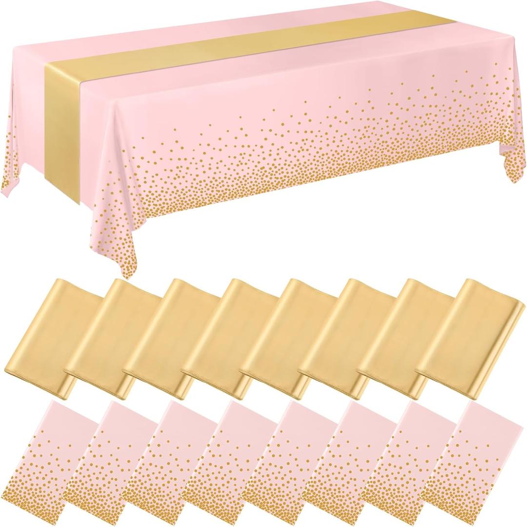 Tudomro 16 Pieces Pink and Gold Disposable Plastic Tablecloths and Satin Table Runner Set 54x108 Inch Tablecloth 12x108 Inch Table Runners for New Year Wedding Birthday Baby Shower Graduation