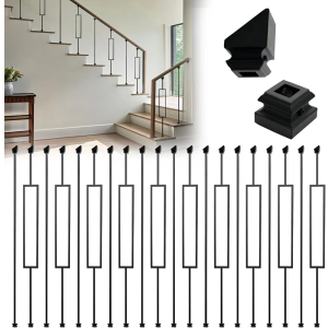 30 Pack 44" Wrought Iron Staircases Balusters, 1/2" Rectangular Stair Spindles, 15 Straight and 15 Single Rectangle, Hollow Stair with 60 Baluster Shoes for Staircases, Hallways and Backyard Fences