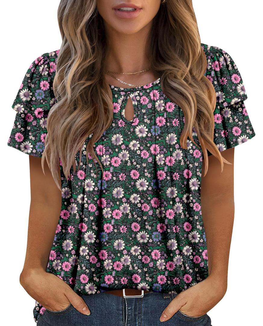 Angerella Womens Short Sleeve Shirts Summer Work Casual T-Shirt Tops Cute Trendy Flowy Tunic Loose Fit Dressy Blouse Sunflower Pink S