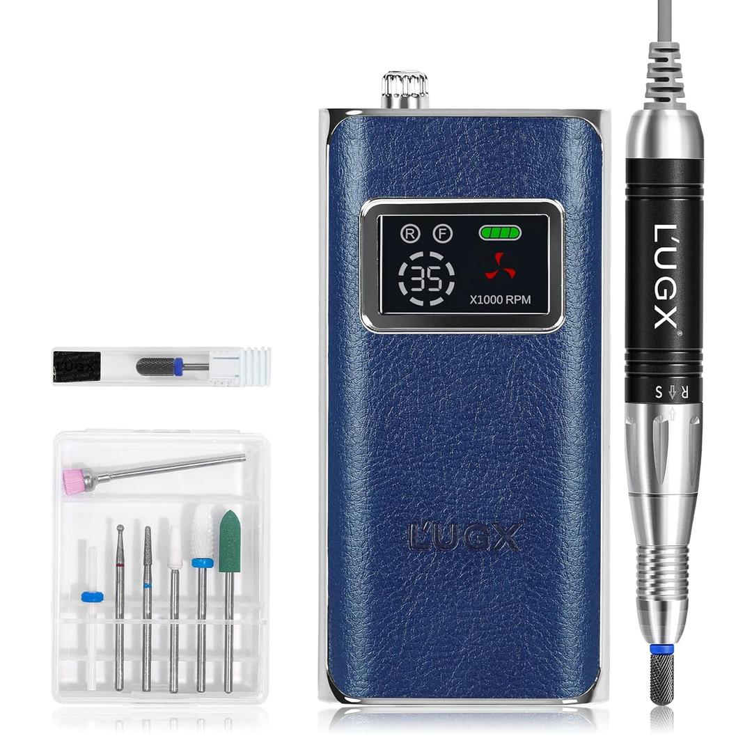 L'UGX Nail Drill, 35000RPM Professional Nail Efile with Cordless Motor, Portable Electric Nail File Machine for Acrylic, Gel Nails, Manicure Pedicure for Home Salon Use, Low Vibration, Blue