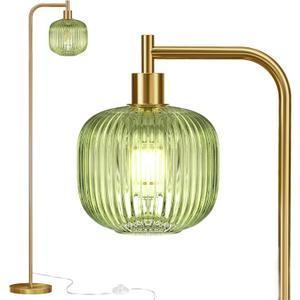 QiMH Glass Floor Lamp for Living Room, Modern Standing Lamp with Ribbed Glass Lampshade Pedal Switch, 67 Tall Lamp for Bedroom Study Room, Brushed Gold (2700K LED Bulb Included) (Brushed gold & green)