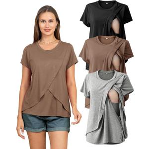 Rnxrbb 3 Pack Women's Nursing Tops for Breastfeeding Summer Short Sleeve T Shirts Postpartum Double Layer Clothes, Large