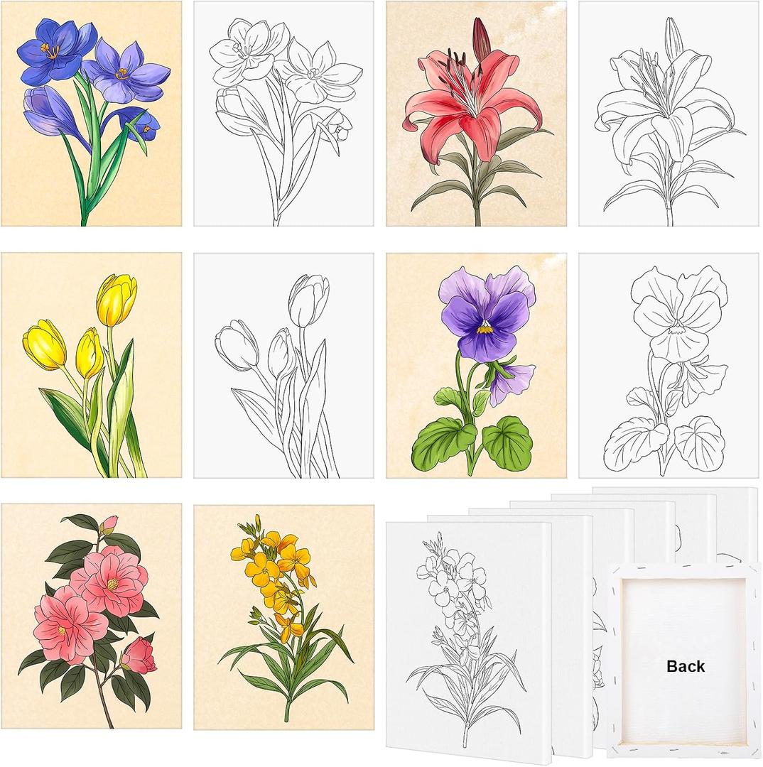 COCHIE 6 Pack 8x10 Inches Flower Pre Drawn Canvas to Paint for Sip and Paint Party, Pre Printed Framed Canvases Set, Floral Tulip Violet Pre Sketched Canvas for Painting for Adults Kids