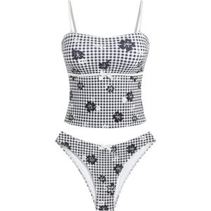 ZAFUL Tankini Swimsuits for Women Bow Tie Side Bathing Suits Tummy Control High Cut Two Piece Bikini Sets (Large, Flower Black)