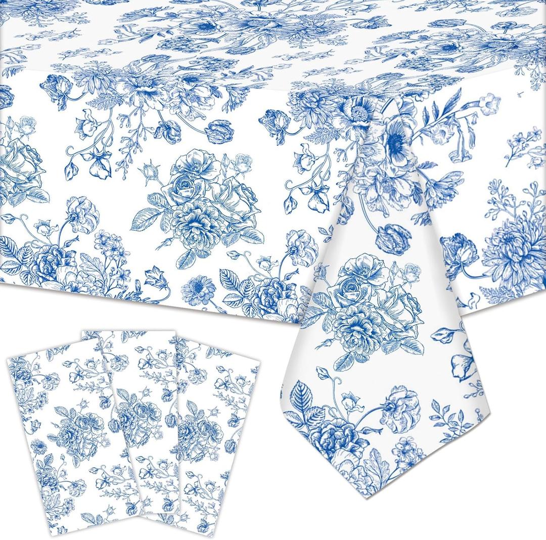 3 Pieces 54x108 Inch Blue White Floral Rectangle Plastic Tablecloth, Disposable Elegant Flower Design Table Cover for Wedding, Bridal Shower, Baby Shower, Birthday, and Garden Tea Party Decorations