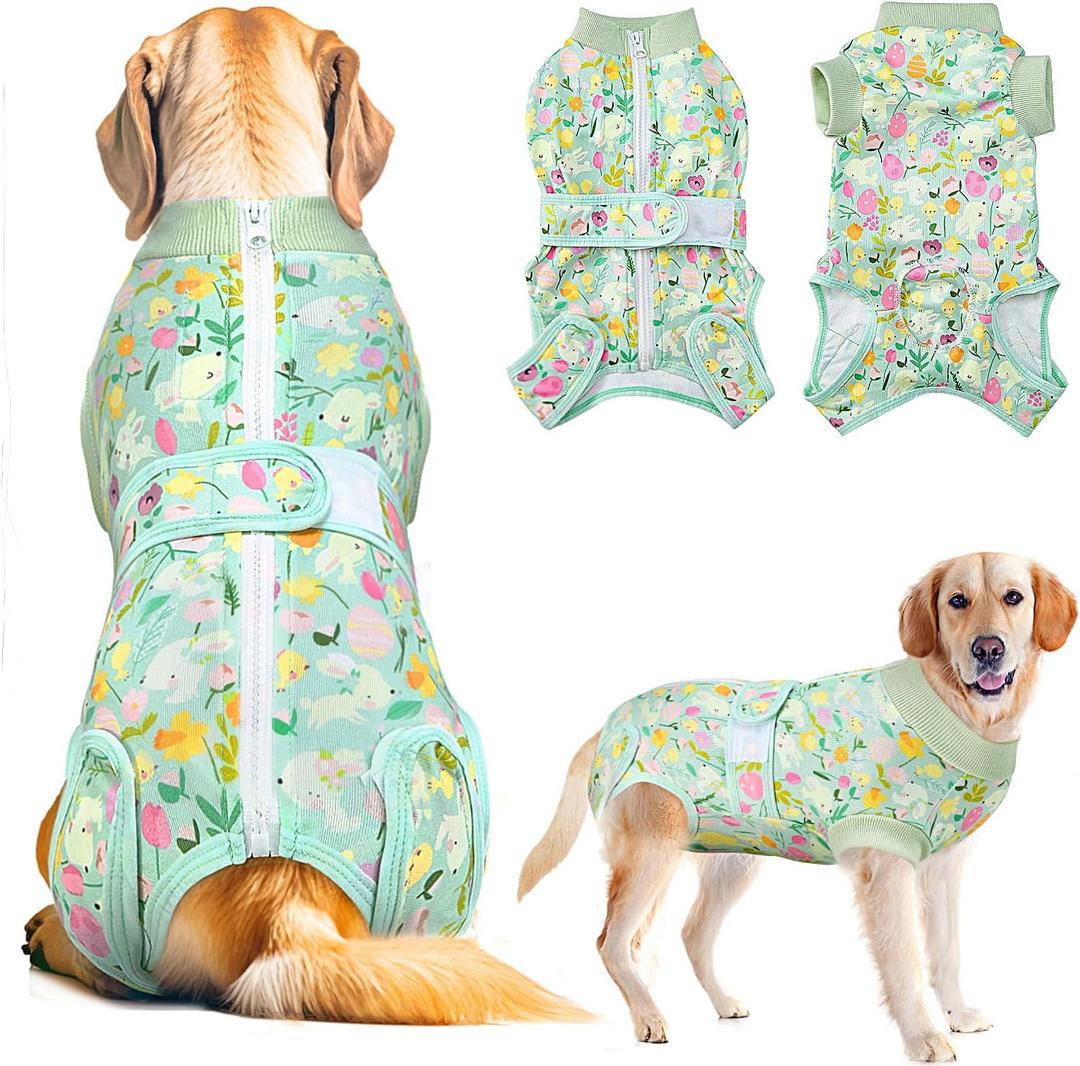 Lukovee Recovery Suit for Dogs, Zipper On Dog Surgery Suit for Female Male Dog, Onesies Bodysuit Prevent Licking Spay Abdominal Wounds Bandages E-Collar Alternative (Green, XL)