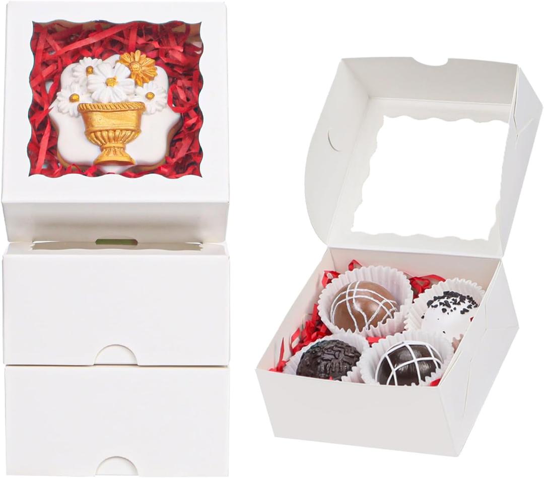 50PCS 3x3x1 Inches Mini Bakery Boxes with Window - Holds 4, Suitable for Cookies, Chocolate Truffle, Donut, Macaron, Brownie