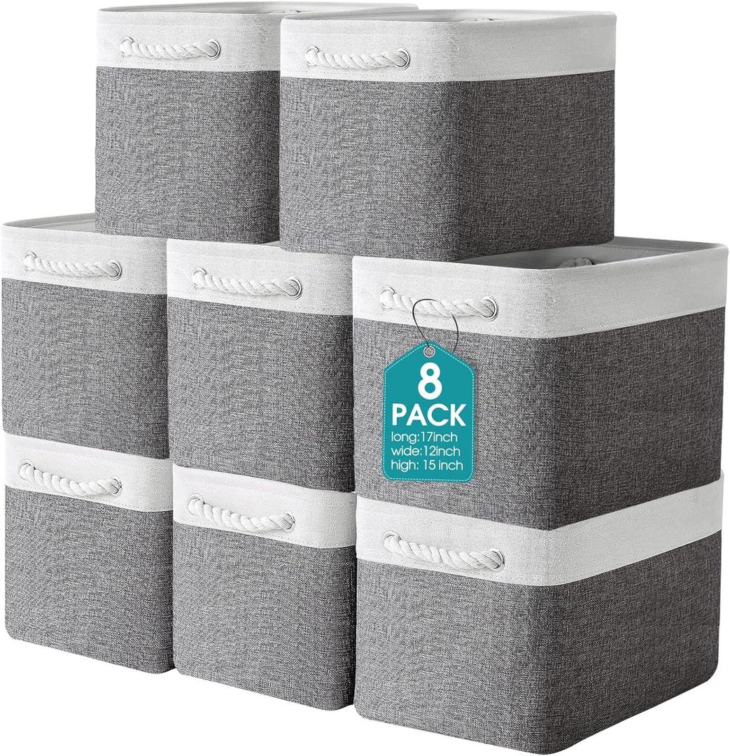 meekoo 8 Pack Collapsible Storage Bins Fabric Storage Bins Polyester Fabric Baskets with Handles Linen Closet Organizer for Shelf Home Closet Towels Toys(17 x 12 x 15 in,Gray White)