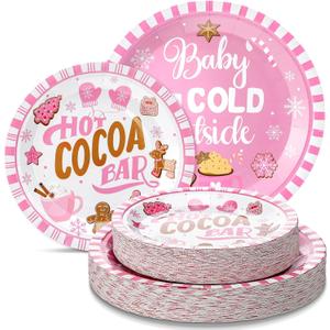 Suclain 100 Pcs Christmas Hot Cocoa Pink Baby Its Cold Outside Paper Plates Baby Shower Gingerbread Men, Stars Snowflakes Party Supplies Disposable Set for Winter New Year Xmas Serves 50 Guests