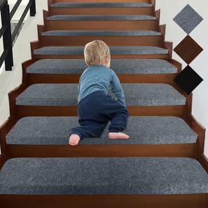 Bullnose 9"X36" Self-Adhesive Stair Treads Carpet Non-Slip and Perfect for Indoor Wooden Steps, Washable and Removable Stair Rugs for Elders and Dogs, Set of 15, Dark Grey