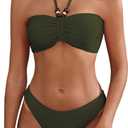 ZAFUL Women's Halter Bandeau Bikini Beaded Tie Back String Bikini Set Push Up Two Piece Swimsuit Bathing Suits (1-olive Green), Medium