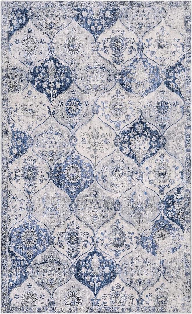 Lahome Moroccan Trellis Washable Small Area Rug, 3x5 Area Rug for Bedroom Living Room, Non-Slip Oriental Throw Carpet for Kitchen Office Entryway Bathroom Office Elise, White/Royal Blue