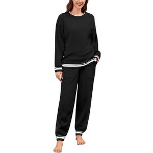 Fleece Pajamas Sets for Women - Warm Winter Cozy Fuzzy Lounge Sets Soft Comfy Long Sleeve 2 Peices Pj Sleepwear (Medium, Black)
