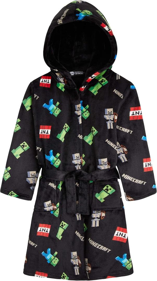 Minecraft Bath Robe for Boys, Teens Hooded Fleece Robe Cozy Loungewear Soft Nightwear Creeper Gamer Gifts for Kids (9-10 Years, Black)