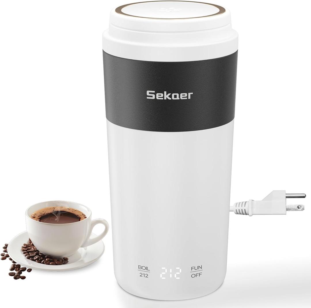 Sekaer Travel Portable Kettle, Dual Voltage 110V-240V, Mini Electric Kettle for Tea Coffee, 304 Stainless Steel Small Hot Water Boiler, 4 Temp Presets & Auto Shut-Off 350mL, SKE-835-W