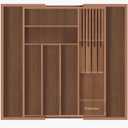Bamboo-Silverware-Drawer-Organizer-Kitchen, Expandable Utensil Holder Cutlery Tray Flatware Organization Adjustable Wood Tableware Dividers Storage (with Removable Knife Block)(Brown) (Large)