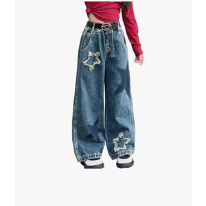 10-14 yrs Kids Girls Jeans Distressed Elastic Waist Baggy Denim Wide Leg Pants Trousers Size 150