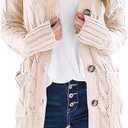 PRETTYGARDEN Long Sleeve Cable Knit Long Cardigan for Women 2025 Fall Winter Chunky Open Front Button Sweaters with Pockets. Size:XXL, Color: Off-white