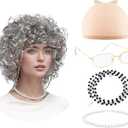 Fumwase 5PCS Old Lady Costume Cosplay Grandma Granny Wig Madea Granny Glasses for Halloween Party Wigs 100 Days of School for Women Adult (Brown)