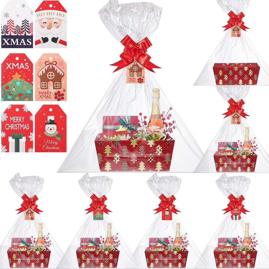 Cholemy 6 Sets, 12 x 10 Large Red Christmas Baskets, Empty Gift Baskets, DIY Cardboard Basket with Handles, Ideal for Christmas & Holiday Parties (Tree)