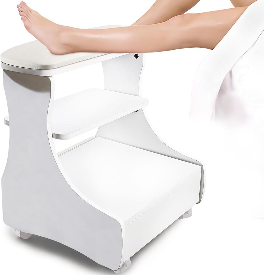 Kalolary Pedicure Foot Rest, Manicure Foot Rest with Wheels PU Leather Home Beauty Footrest Pedicure Foot Stool Stand for Home Salon Use(Whiite)