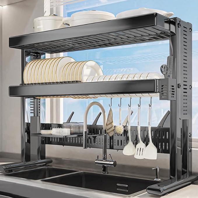 Large Over The Sink Dish Drainer Drying Rack2 Tier Large Capacity Stainless Steel Dish Drying Rack Over Sink, Multifunctional Kitchen Organizers and Storage Dish Rack (Black, Double Layer)