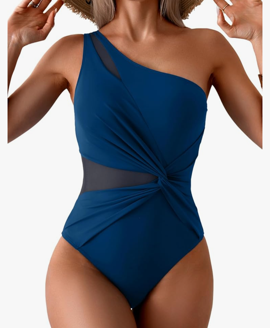 One Shoulder One Piece Swimsuit for Women Mesh Tummy Control Bathing Suit Twist Swimwear with Removable Strap, M, Blue